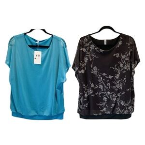 2 Women’s Double-Layered Blouses, Blue and Black Floral